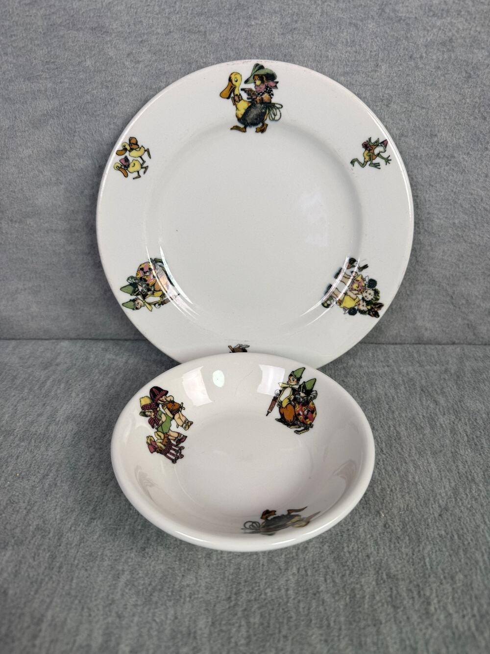 Vintage Mayer China Toyland Child's Plate & Bowl Set Puppies Ducks Frogs